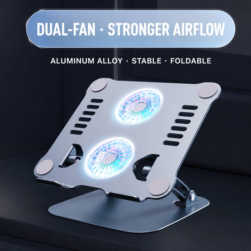 💻 Support PC Portable Aluminium avec Double Ventilateur – Réglable, Pliable & Antidérapant | Confort & Refroidissement